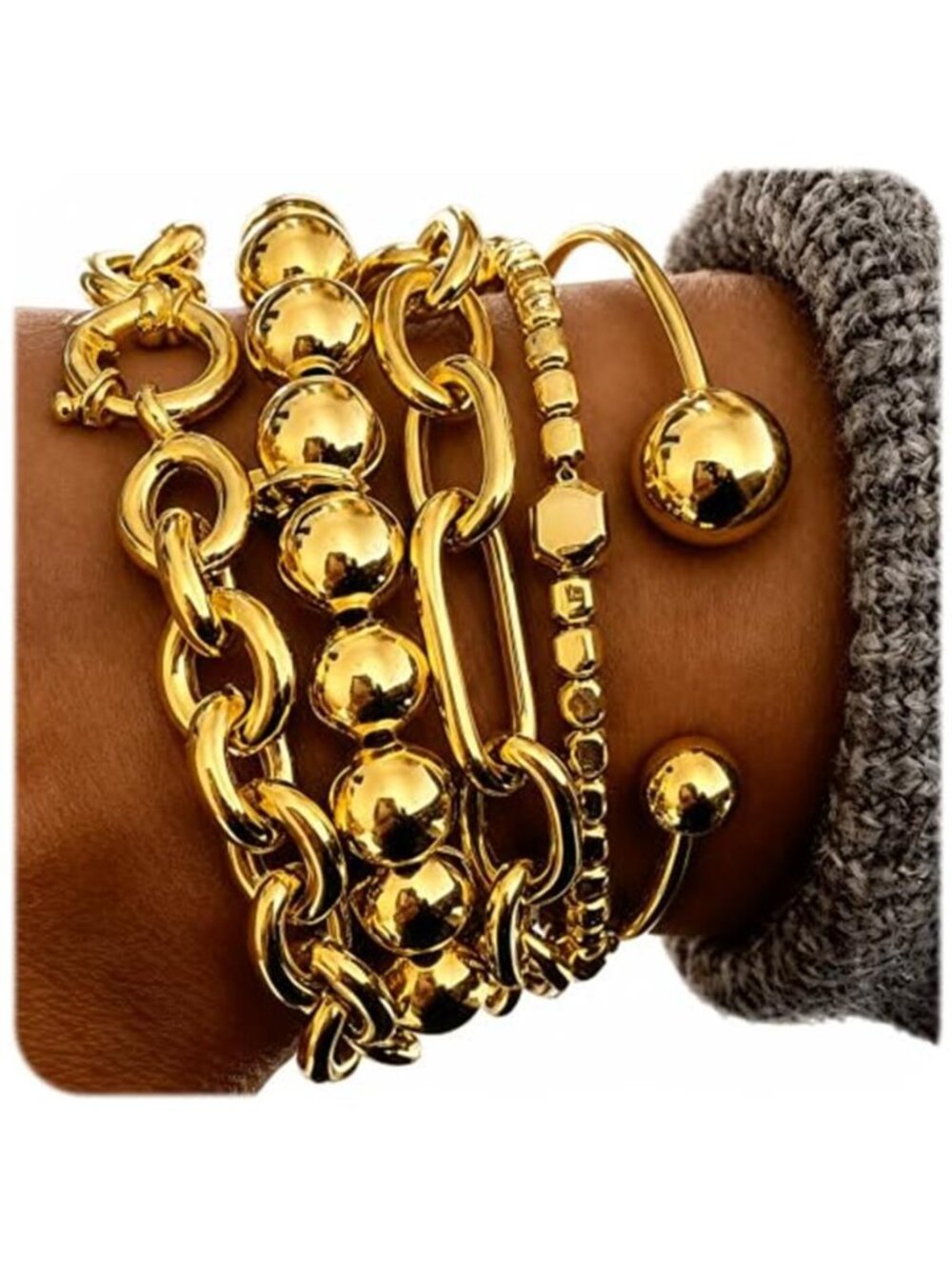 Gold Plated Bracelet Set Women Stackable Chunky Bangles Layered Jewelry